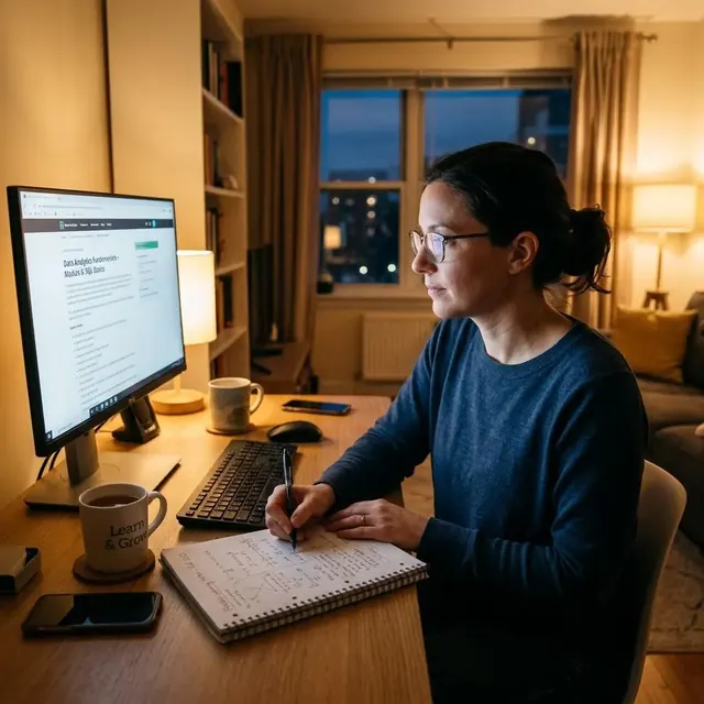 Mujer adulta estudiando de noche en su escritorio con computadora y cuaderno