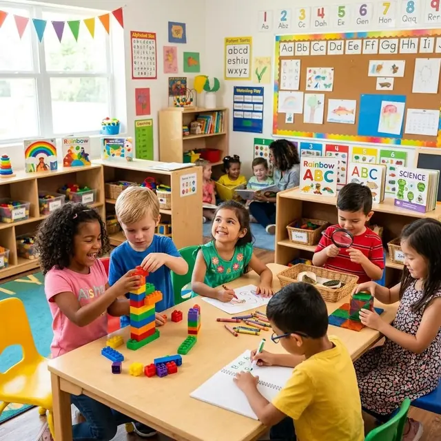 Niños aprendiendo juntos con bloques de colores y materiales didácticos